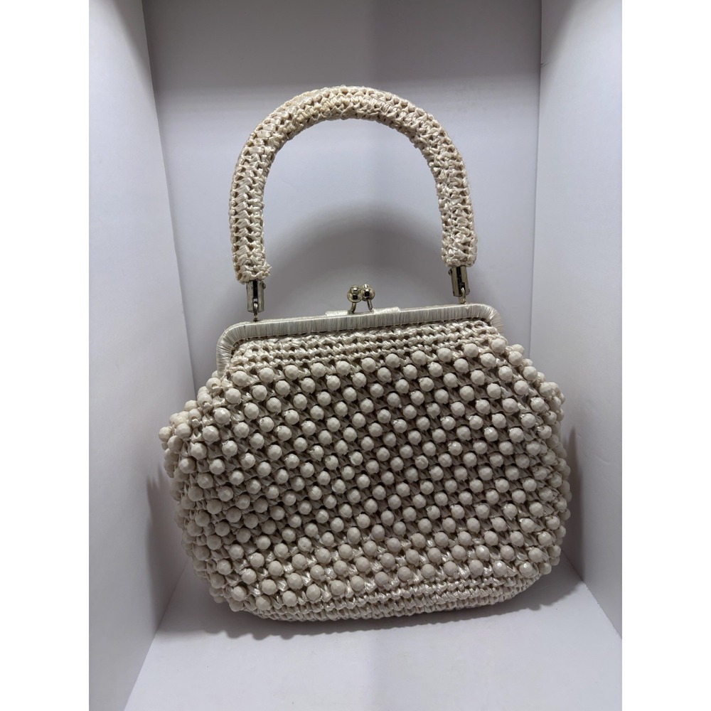 Vintage Beaded Handbag 1960s Style Chic Retro Cream Woven KISS Lock Top Handle